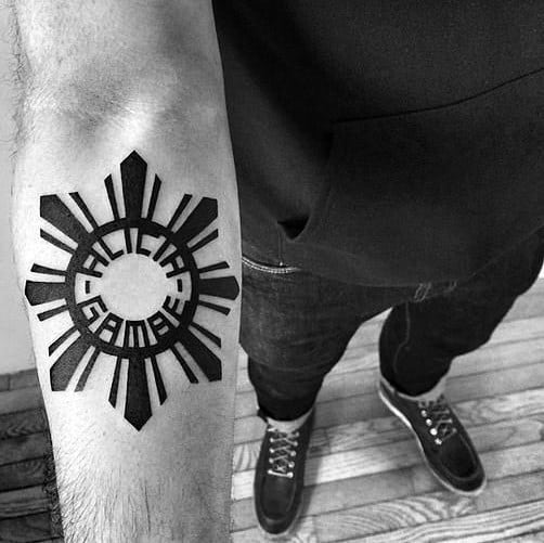 Mens Filipino Inner Forearm Tribal Sun Tattoo Design Ideas