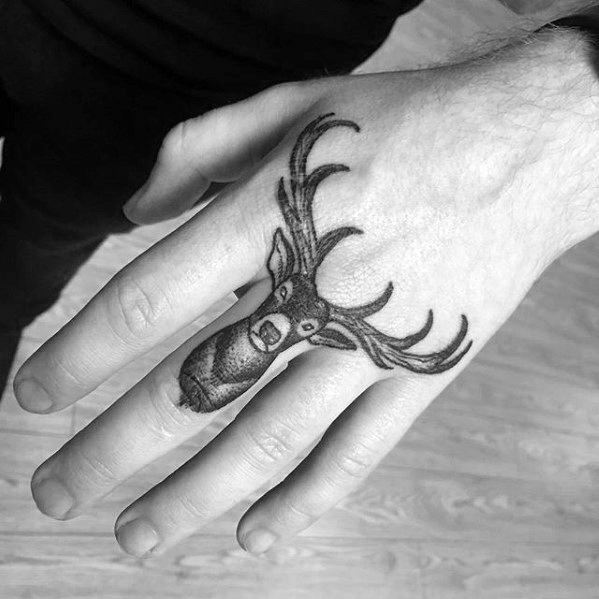Mens Finger And Hand Traditional Deer Tattoo