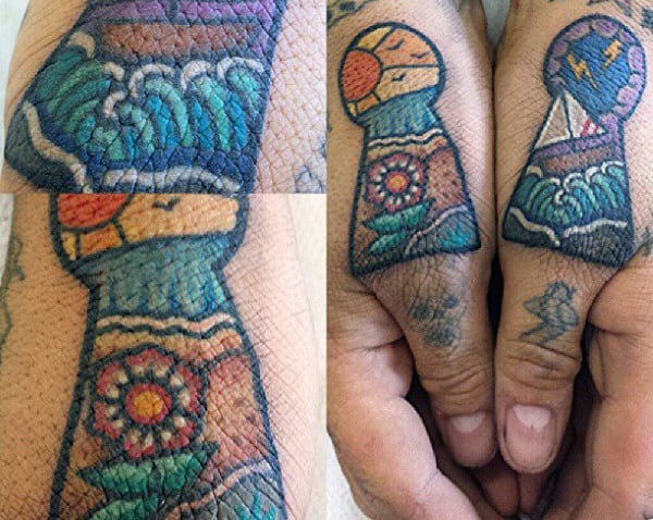 Mens Finger Keyhole Beach And Sailboat Tattoo Designs