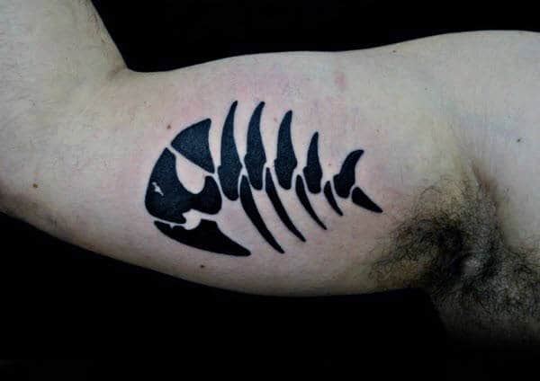 Mens Fish Skeleton Solid Black Ink Bicep Inner Arm Tattoo Inspiration