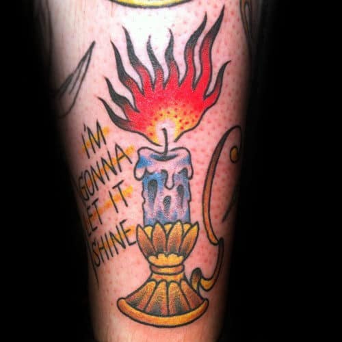 Mens Flaming Candle Stick Traditional Forearm Tattoo Ideas