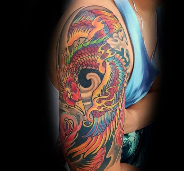 Mens Flaming Phoenix Japanese Half Sleeve Tattoo