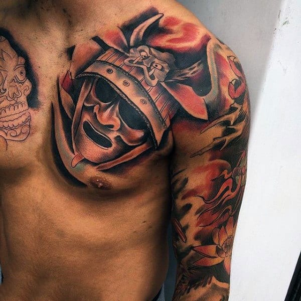 Mens Flaming Samurai Mask And Flower Shoulder Tattoo