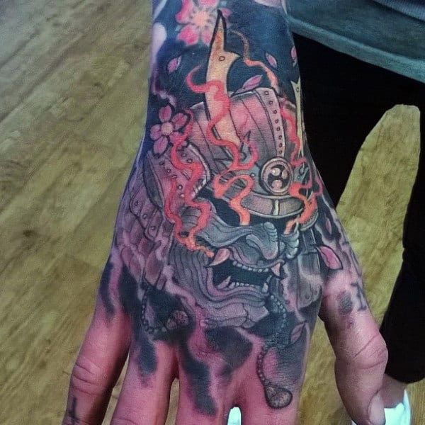 Mens Flaming Samurai Mask Shaded Hand Tattoo