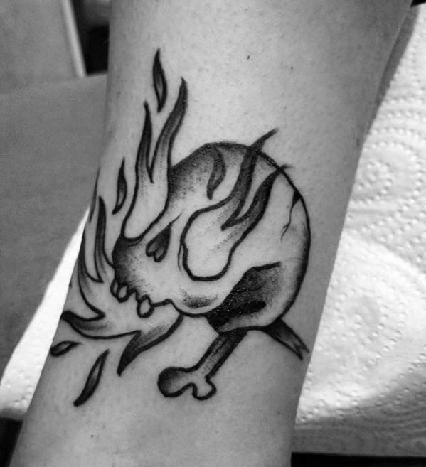 Mens Flaming Skull With Bones Traditional Forearm Tattoo Design Ideas
