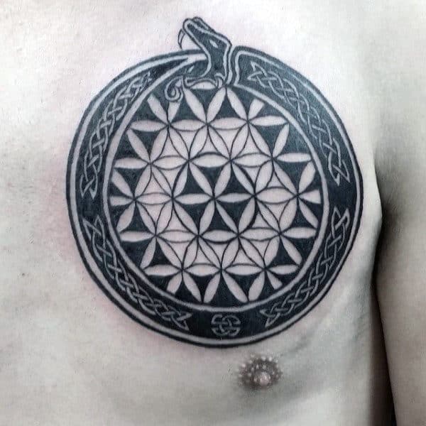 Mens Flower Of Life Ouroboros Upper Chest Tattoo