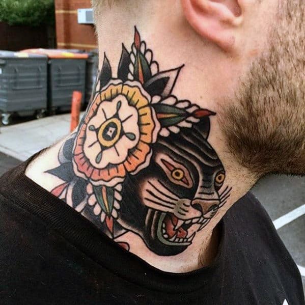 Mens Flower With Black Panther Traditional Tattoo On Neck