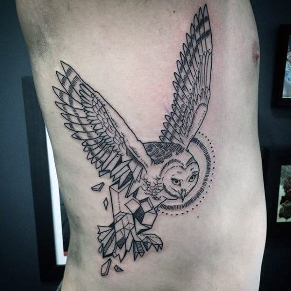 Mens Flying Owl Geometric Rib Cage Side Tattoo