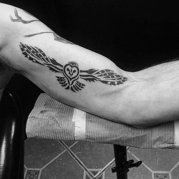 Mens Flying Owl Tribal Tattoo Design On Inner Arm Bicep