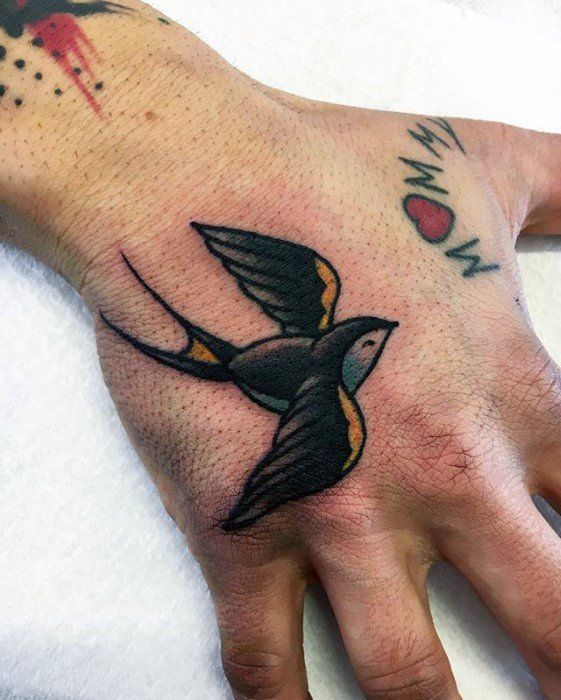 Mens Flying Sparrow Simple Traditional Bird Hand Tattoos