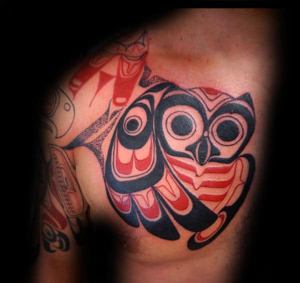 Mens Flying Tribal Owl Black And Red Ink Haida Tattoo On Chest