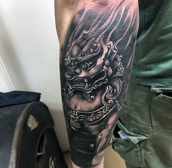 Mens Foo Dog Statue Outer Forearm Tattoo Designs