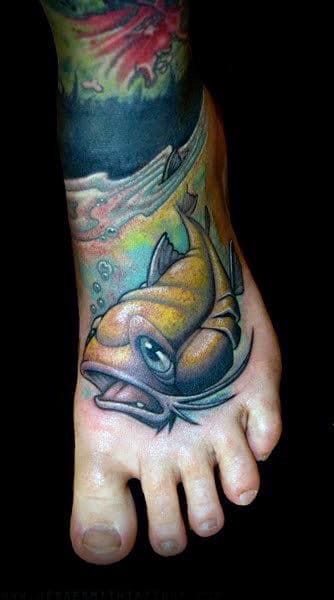 Mens Foot Tattoo Of Catfish Swimming In Water