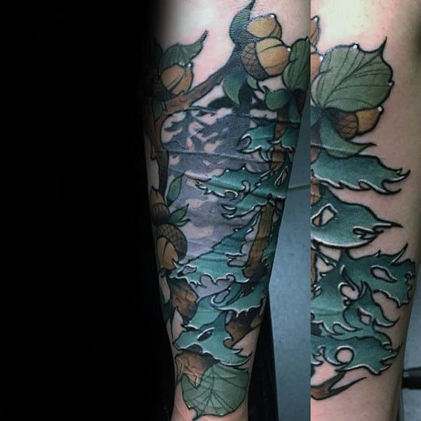 Mens Forearm Acorn With Oak Tree Tattoo