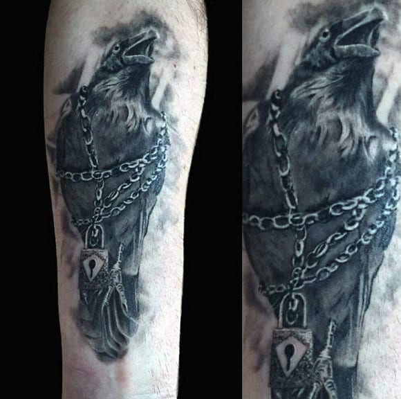 Mens Forearm Chained Raven With Lock Tattoo