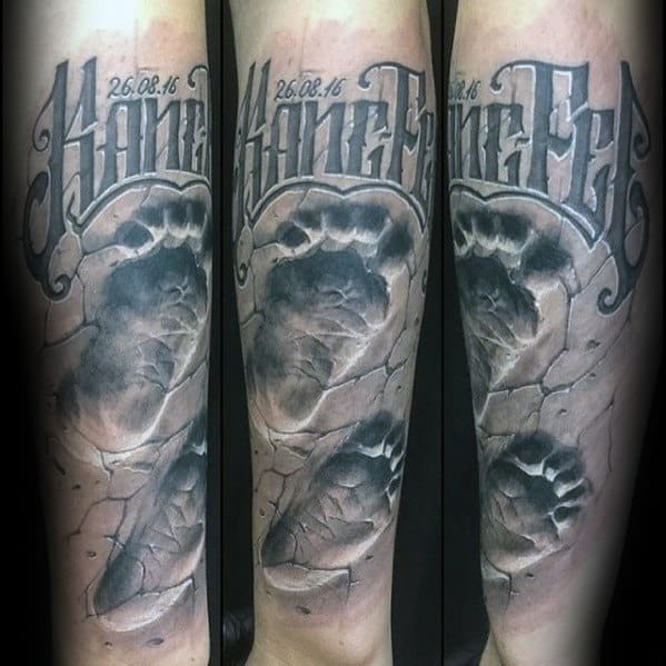 Mens Forearm Footprints With Name 3d Realistic Tattoo Design