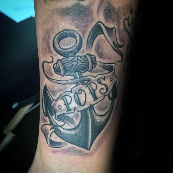 Mens Forearm Gray Anchor And Dad Tattoo