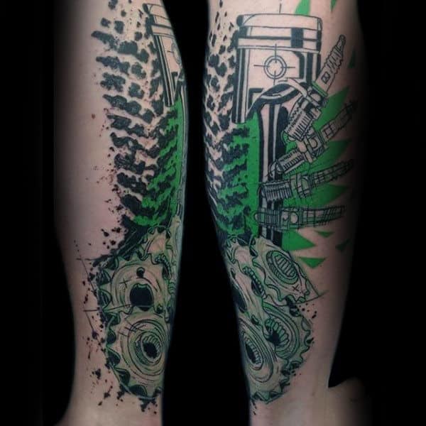 Mens Forearm Green Black Engine Tattoo