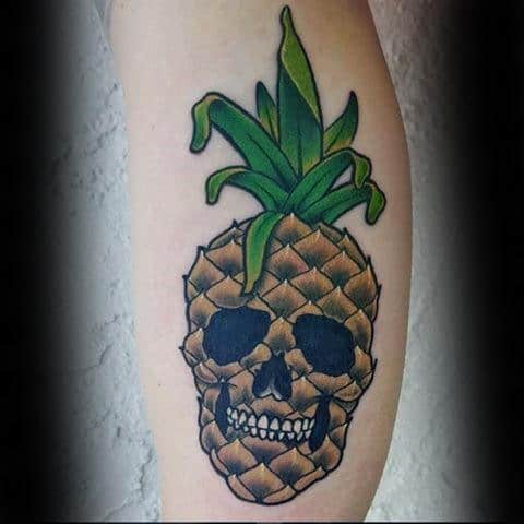 Mens Forearm Pineapple Skull Food Tattoo