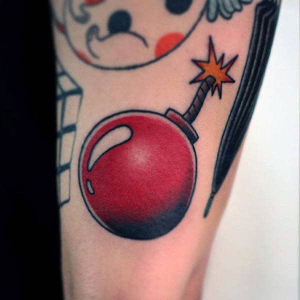 Mens Forearm Red Sphere Shaped Bomb Tattoo Designs