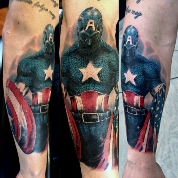 Mens Forearm Sleeve Captain America Watercolor Tattoo