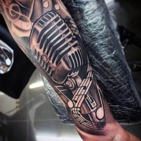Mens Forearm Sleeve Tattoo Ideas With Music Staff And Microphone Design