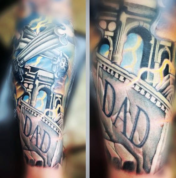 Mens Forearms Ancient Palace And Dad Tattoo