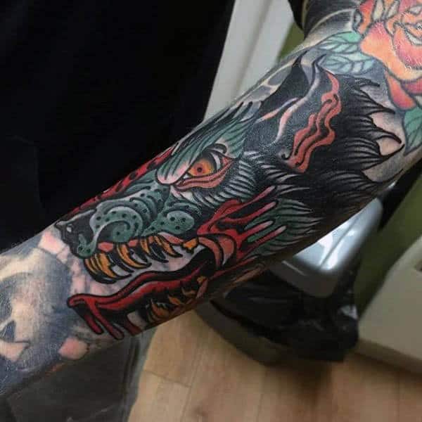 Mens Forearms Angry Animal Neo Traditional Tattoo