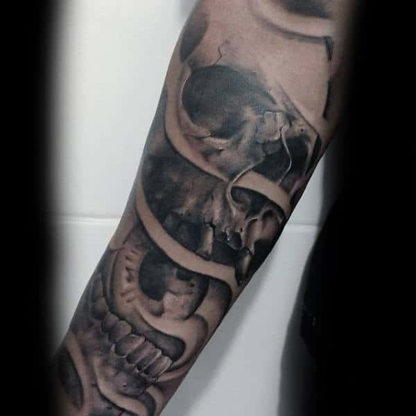 Mens Forearms Black And Grey Swrils And Skull Tattoo