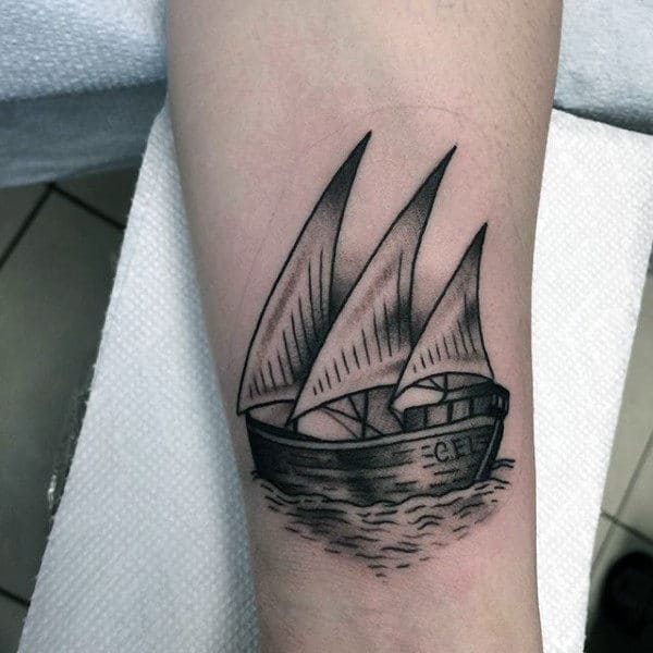 Mens Forearms Black And Grey Three Sailed Ship Tattoo