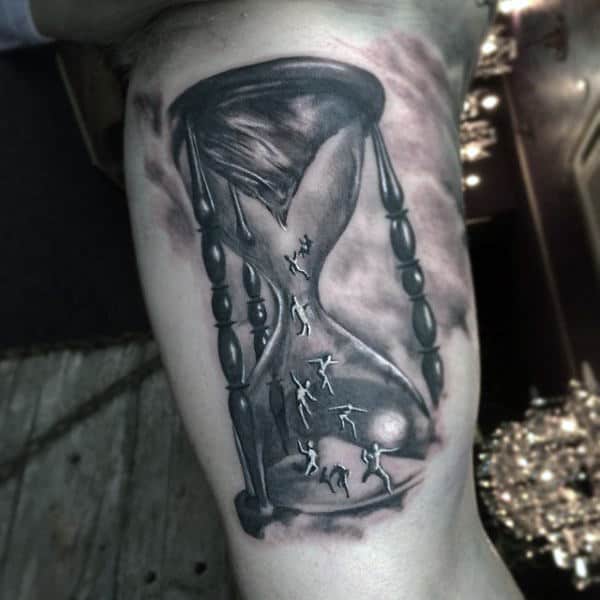 Mens Forearms Black And White Hourglass With Tiny Men Tattoo