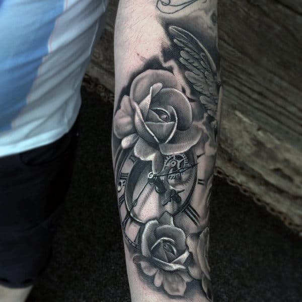 Mens Forearms Black And White Rose Clock And Feather Tattoo