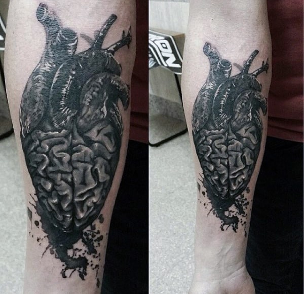 Mens Forearms Brain And Heart Tattoo