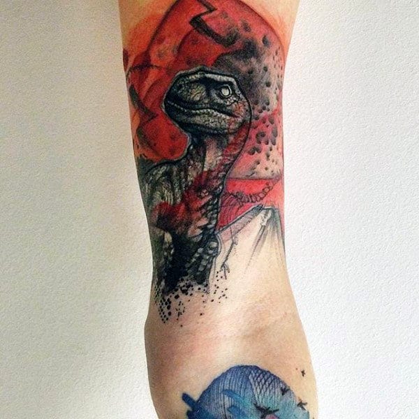 Mens Forearms Brilliant Red Hue Dinosaur Tattoo