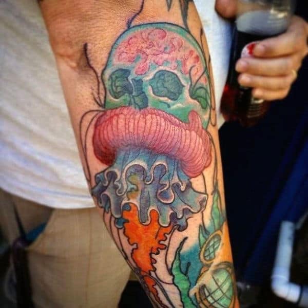 Mens Forearms Colored Skull And Jellyfish Tattoo
