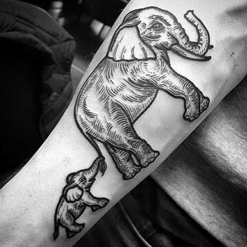 Mens Forearms Cute Baby Elephant Clutching Tail Of Mother Tattoo