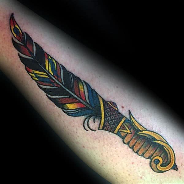 Mens Forearms Feather Dagger Tattoo