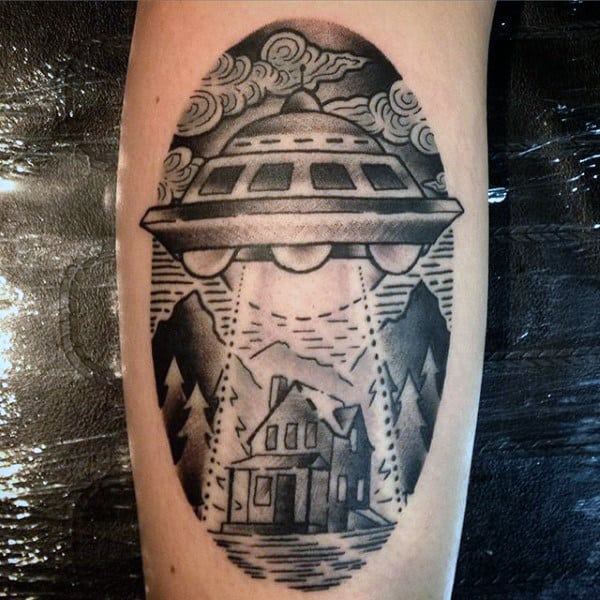 Mens Forearms Gray Oval Shaped Tattoo With Ufo