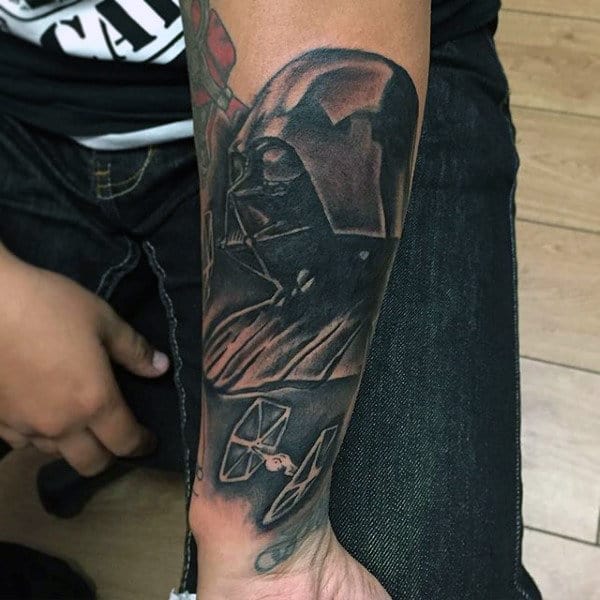 Mens Forearms Grey Darth Vader Tattoo