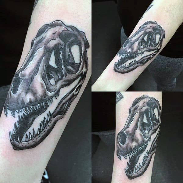 Mens Forearms Grey Dinosaur Bone Head Tattoo