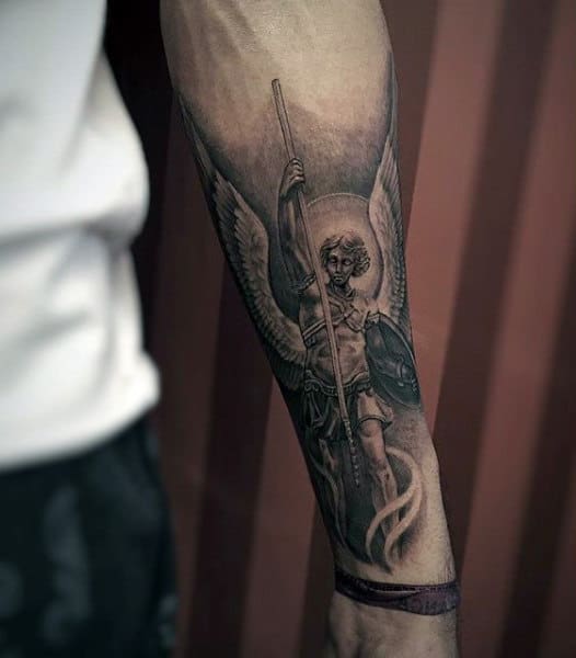 Mens Forearms Grey Guardian Angel Tattoo