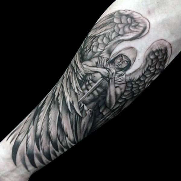 Mens Forearms Hooded Guardian Angel With Pretty Feathers Tattoo