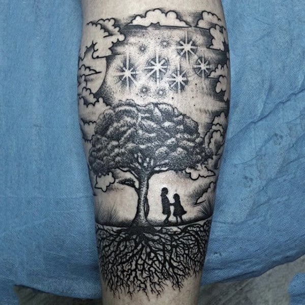 Mens Forearms Kids Playing Under Enormous Tree Family Tattoo