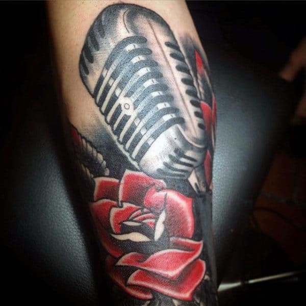 Mens Forearms Mettalic Microphone And Red Rose Tattoo