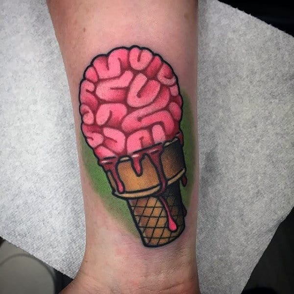 Mens Forearms Pink Brain Ice Cone Tattoo