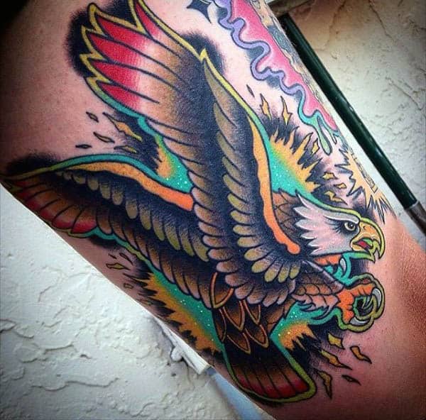 Mens Forearms Rainbow Themed Bird Neo Traditional Tattoo