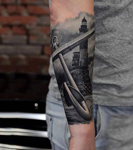 Mens Forearms Realistic Anchor And Lighhouse Tattoo
