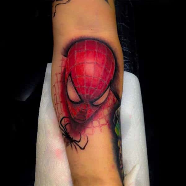 Mens Forearms Red Spiderman Tattoo