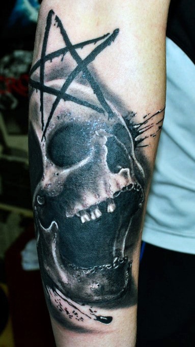 Mens Forearms Scary Grey Skull And Pentagram Tattoo Design Ideas