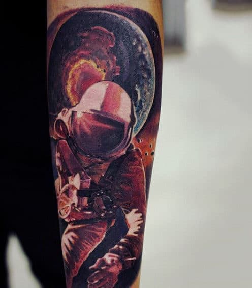 Mens Forearms Sepia Toned Astronaut Tattoo